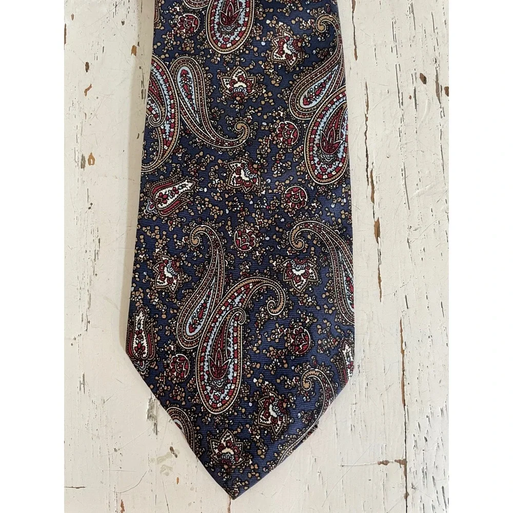 Christian Dior‎ Silk Tie Mens Navy Blue Burgundy Gold Paisley Vintage Necktie